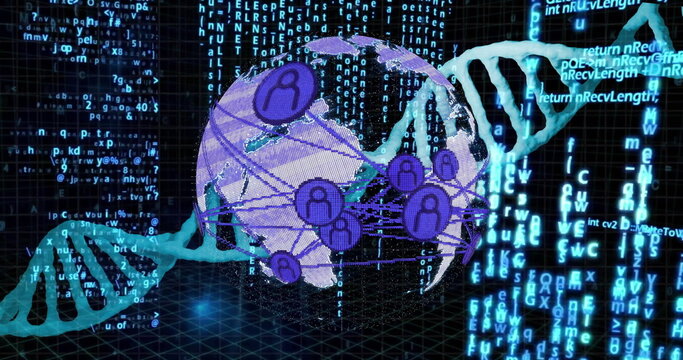Image of dna strand, data processing over globe on black background