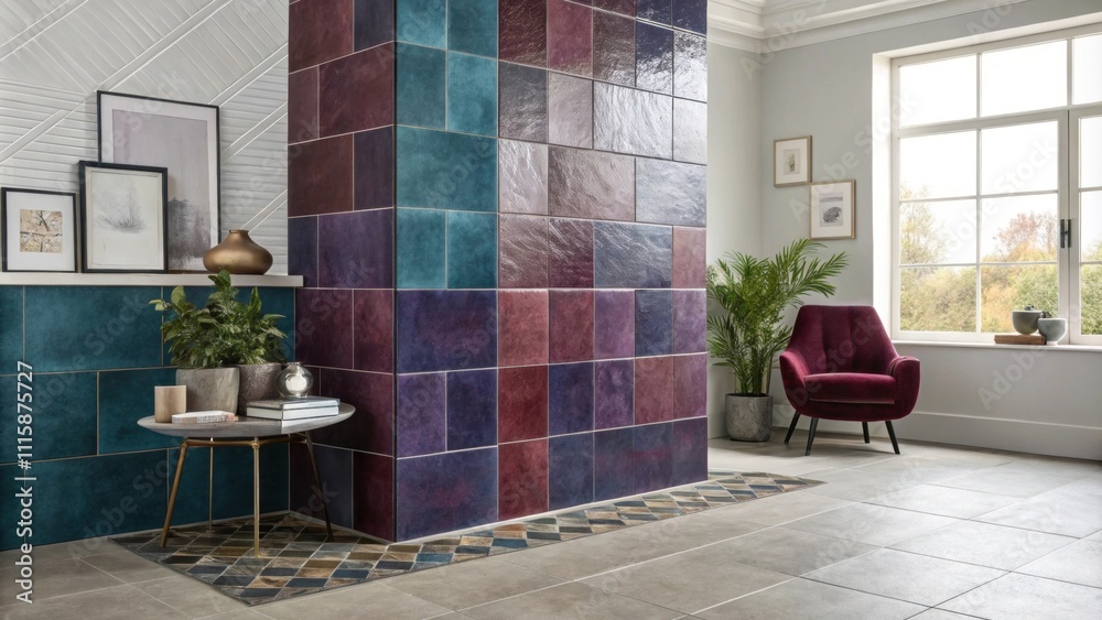 Aufkleber A stacked arrangement of largeformat tiles in deep jewel tones positioned in a corner to create a bold statement in the room.