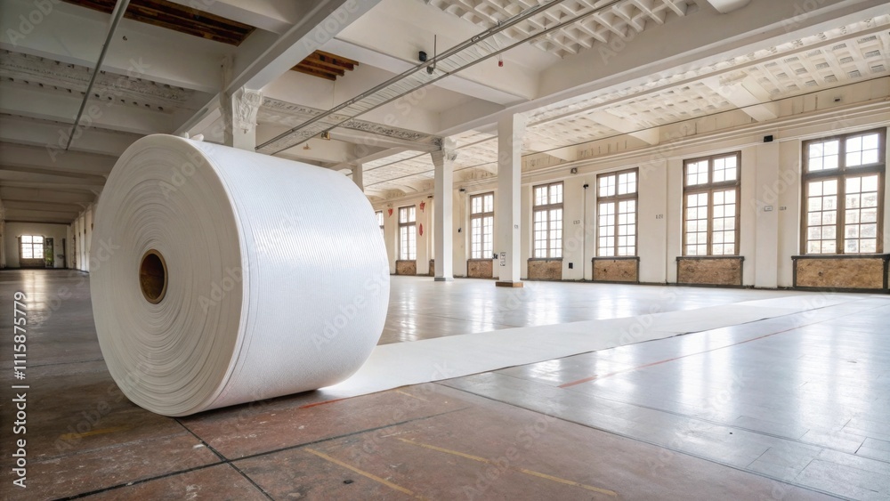 Aufkleber A spacious room with high ceilings featuring a roll of durable protective sheet centered in the frame highlighting the stark contrast between new and old surfaces.