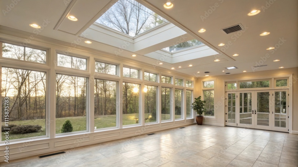Poster A spacious sunroom highlighted by a clean ceiling track with energyefficient recessed lights enhancing the natural light coming through the large windows with a soft glow.