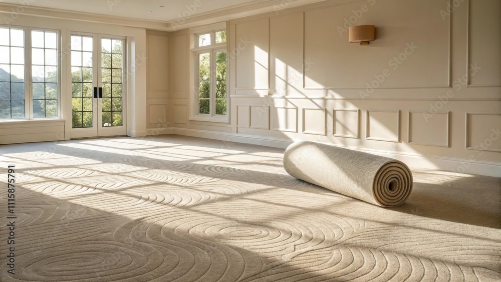 Poster A spacious room with a neutral palette showcasing a loosely rolled carpet padding in a corner with shadows creating an abstract pattern on the floor.