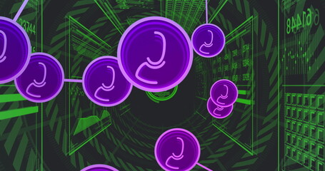 Network of user icons and data processing image over digital tunnel background