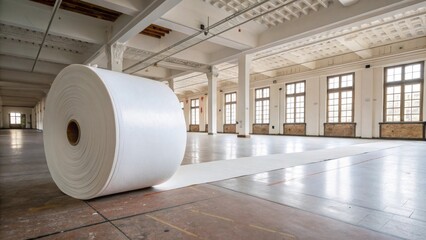 A spacious room with high ceilings featuring a roll of durable protective sheet centered in the frame highlighting the stark contrast between new and old surfaces.