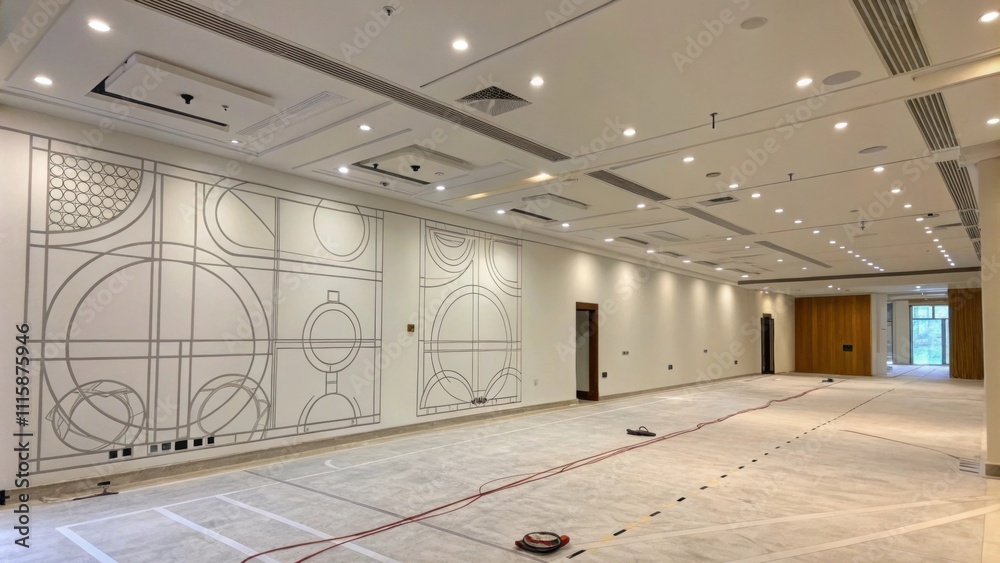 Poster A spacious room featuring a wall that has been meticulously marked with pencil lines and circles indicating the alignment of recessed lights set against other unfinished areas.