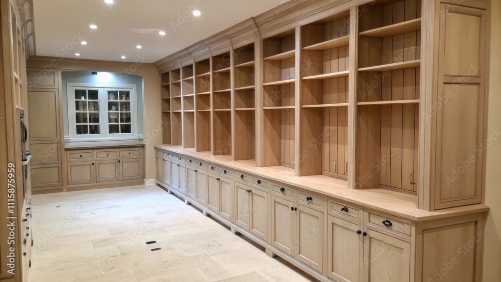 Poster a spacious pantry area the shelves lined with untouched wood and cabinets coated in a light even pri