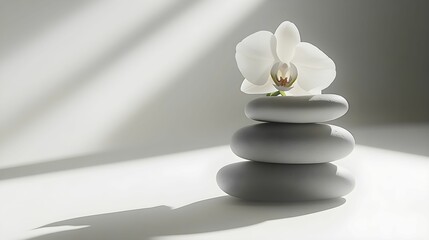 kamienie, równowaga, minimalizm, styl zen, storczyk, harmonia, estetyka, biel, fotografia artystyczna, delikatność, spokój, elegancja, kamienie rzeczne, nowoczesny design, fotografia studyjna, aranżac