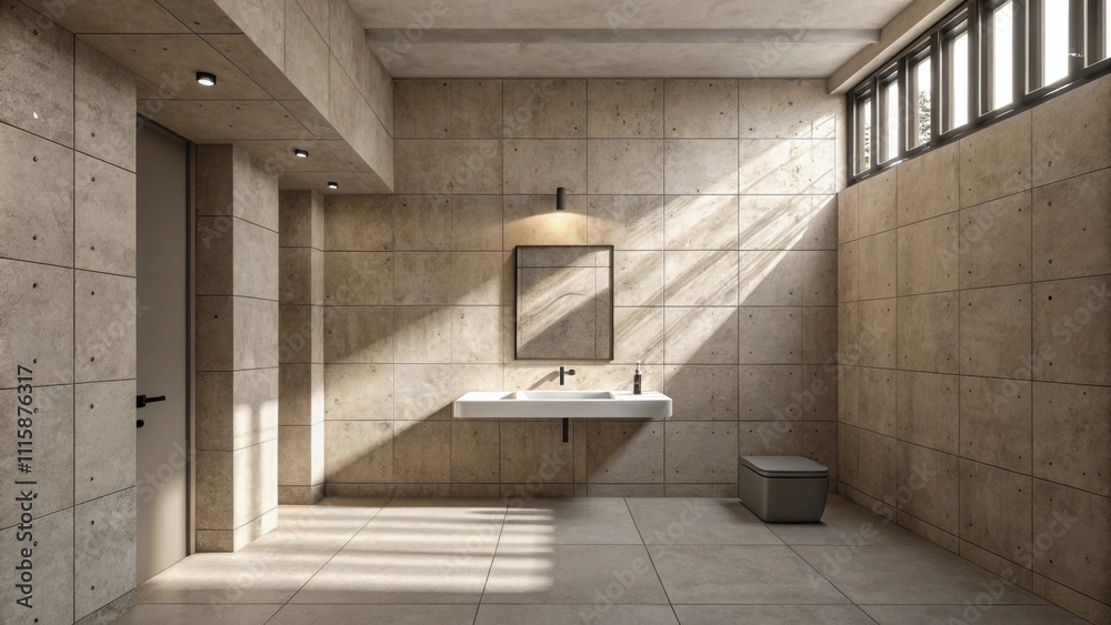 Poster a spacious bathroom designed with large tiles featuring a simple wallmounted faucet above a minimali