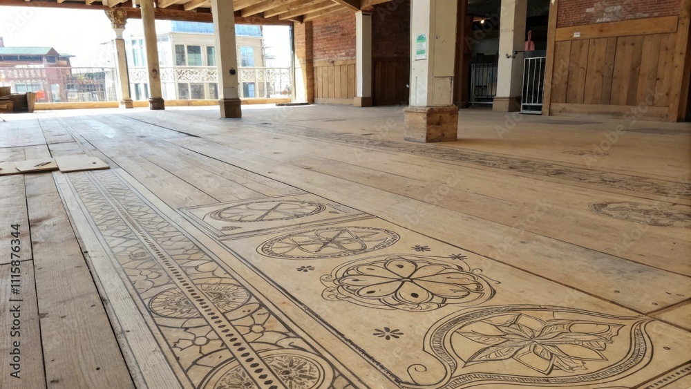Aufkleber A spacious area showcasing weathered floorboards with intricate designs sketched on the surface denoting areas for different types of flooring.