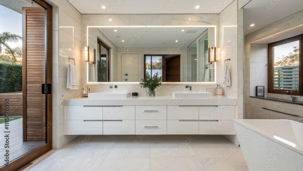 Poster a spacious bathroom boasting a floating white vanity with concealed storage accented by sleek stainl