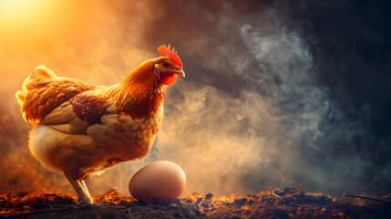 A hen stands beside an egg in a misty, warm-lit environment.