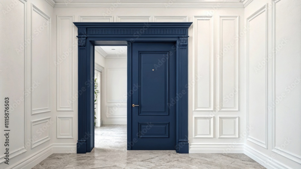 Poster a solid wooden door frame painted in navy blue contrasting with crisp white walls creating a strikin