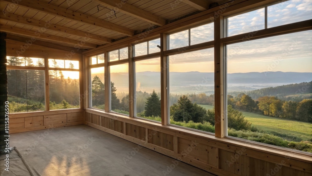 Poster a softly lit room featuring an unfinished look with wide windows overlooking a peaceful landscape cr