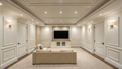 Fototapeta premium A softly lit area featuring clean white walls adorned only by the promise of future designa blank slate ready for builtin entertainment seating.