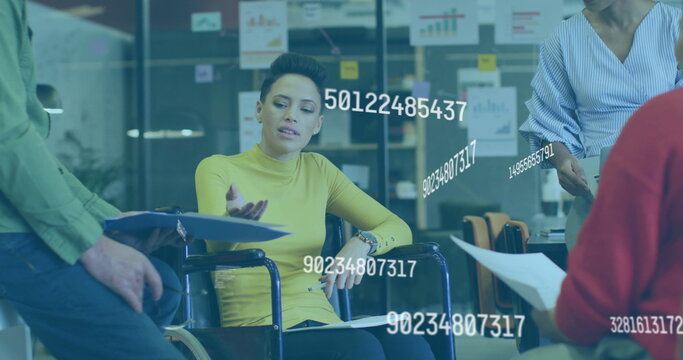 Business meeting with numerical data processing image over diverse team in office - Powered by Adobe