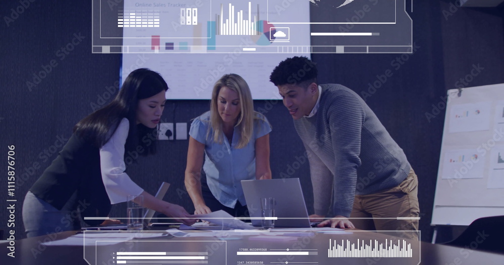 Poster business team analyzing documents with data visualization image over them