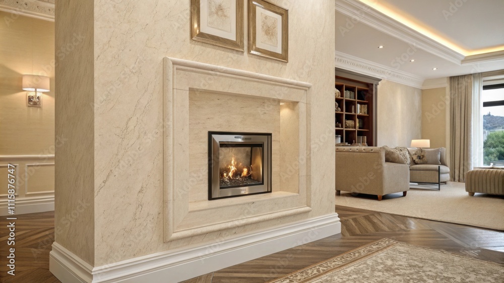 Poster A soft creamcolored wall with texture showcasing a square recess surrounded by subtle skirting where a contemporary fireplace will be installed to create a warm focal point.