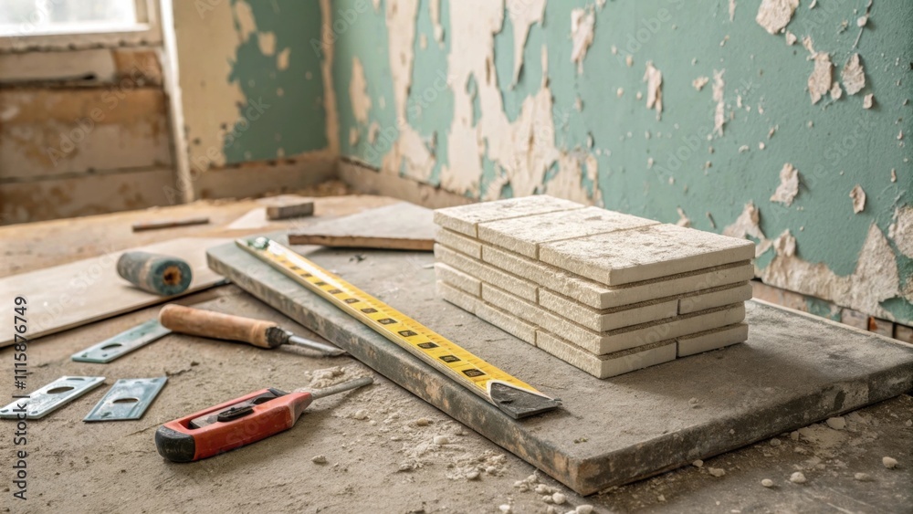 Poster A snapshot that captures the lifecycle of renovation with a stack of variously sized tile spacers atop a dusty concrete slab set against a wall with peeling paint.