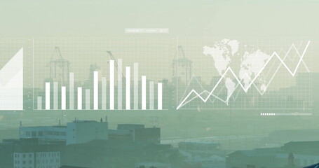 Image of diagrams and data processing over cityscape