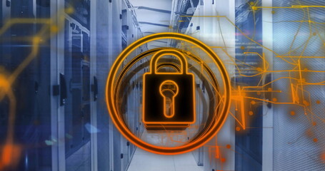 Image of padlock icon and data processing over server room