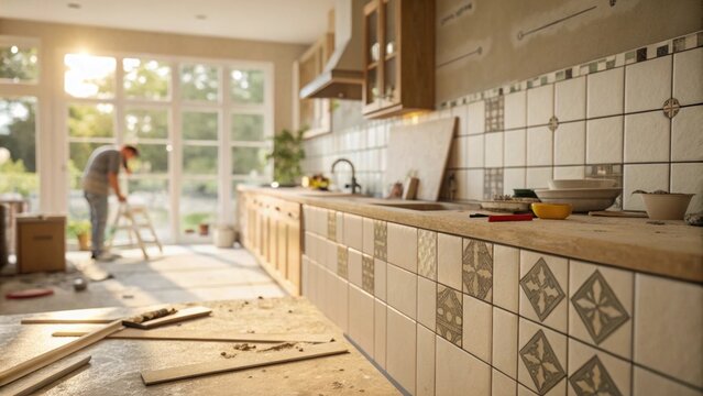 A softfocused image capturing the ambiance of a kitchen where unfinished tile work glimmers in natural light with spacers providing a snippet of the meticulous planning involved.
