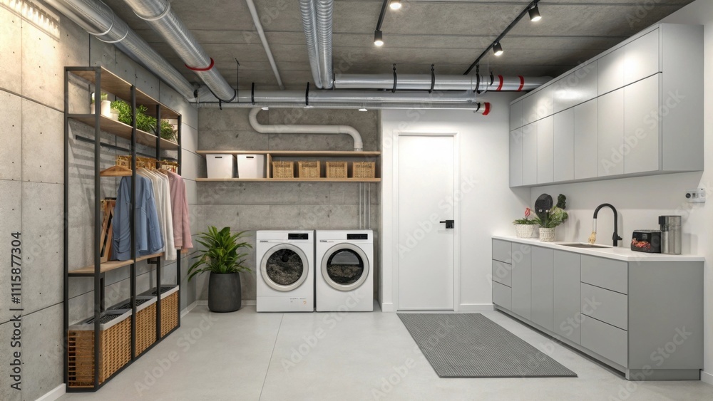 Poster A sleek laundry room displaying a neatly installed heating vent along with utilitarian exposed ducts emphasizing both efficiency and modern style in the compact space.