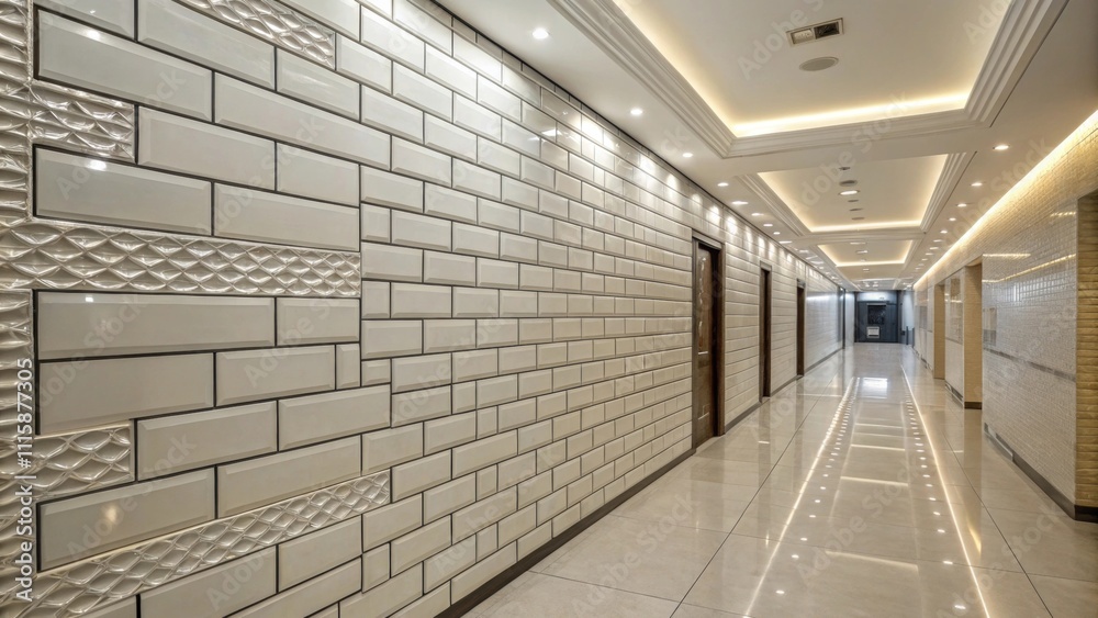 Poster A sleek hallway showcasing a tiled wall covered in elongated tiles partially grouted to expose the craftsmanship and detailing of the installation process.