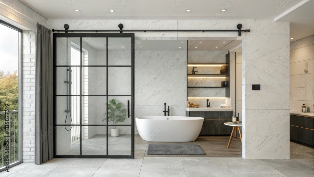 Aufkleber a sleek glass barn door with a black frame slides open to enhance a modern bathroom featuring a free