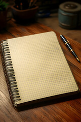 Blank grid notebook and pen on wooden desk.