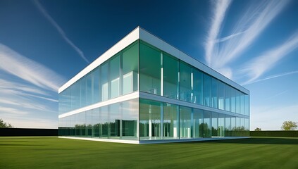 Obraz premium Modern Glass Building on Lush Green Lawn Under Blue Sky