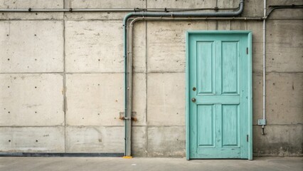 A simple wooden door half painted in a tranquil aquamarine leaning against an industrialstyle concrete wall with exposed pipes.