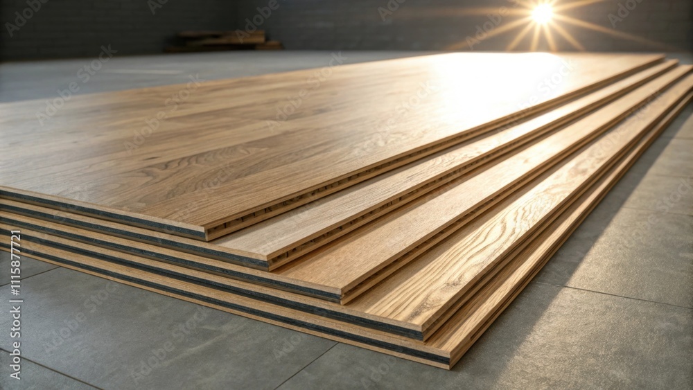 Poster A side view of laminate flooring boards stacked neatly emphasizing their thickness and quality with a single spotlight illuminating the arrangement.