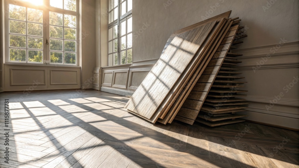 Poster a side view of a leaning stack of laminate floor pieces leaning precariously against a wall with sun