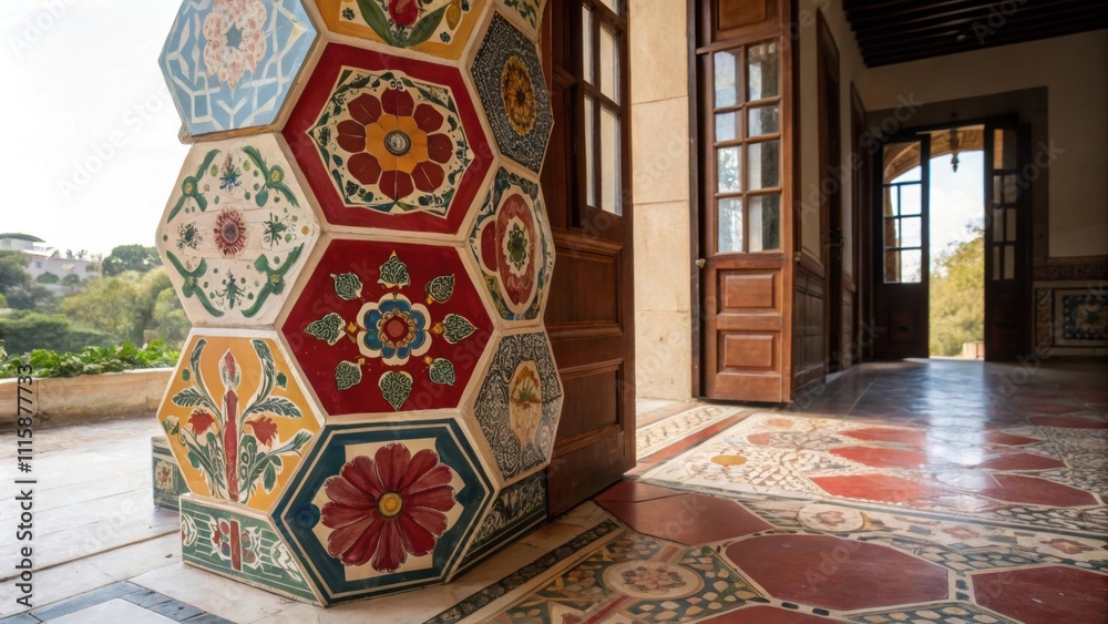 Poster A side view of a towering stack of hexagonal tiles displaying bold colors and intricate designs illuminated by natural light filtering in through open doors.