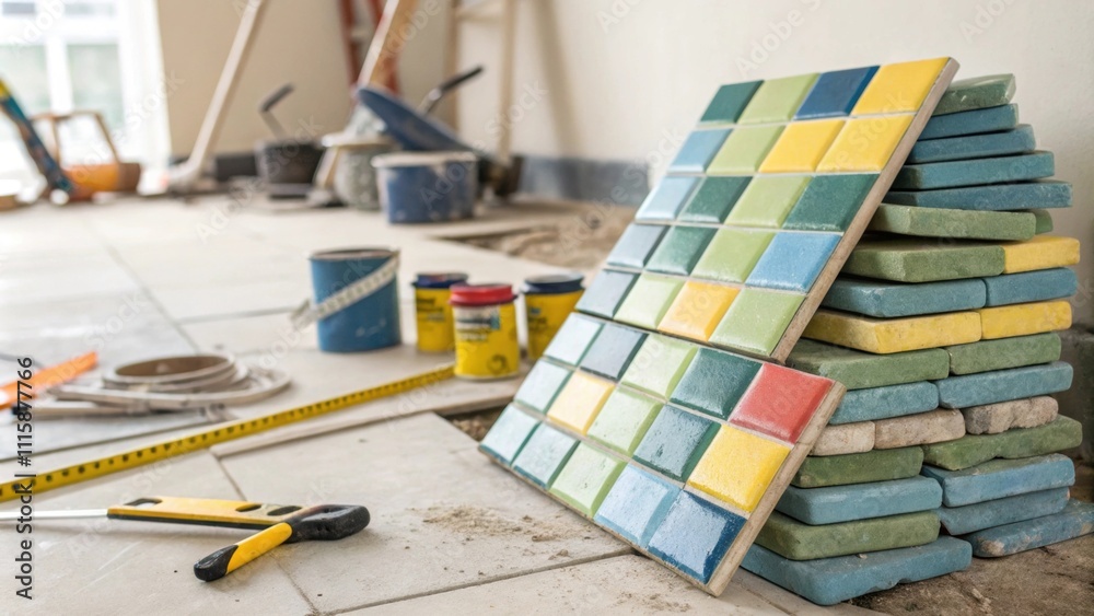 Aufkleber A side view of a disorganized stack of multicolored tiles leaning precariously with renovation materials peeking through in the background.
