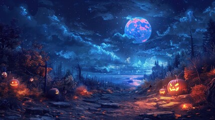 Fototapeta premium Halloween Night Scene With Jack O Lanterns And Distant Castle