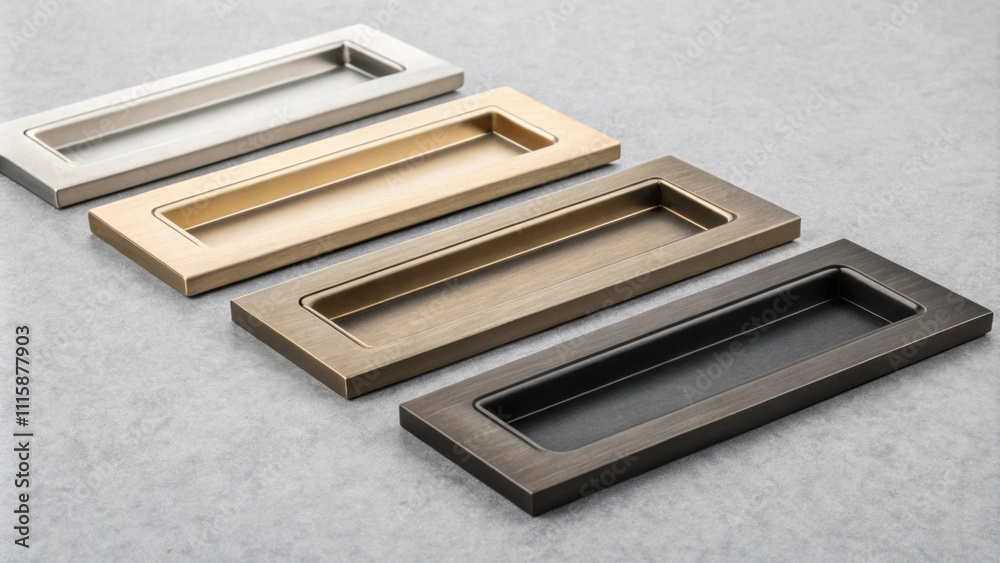 Poster a set of minimalist recessed cabinet handles in various metallic shades laid out on a soft grey surf