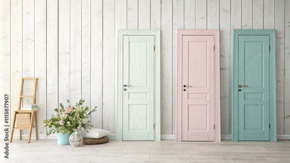 Poster a series of prehung doors in soft pastel colors stacked against a whitewashed wooden wall creating a