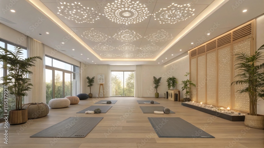 Poster a serene yoga studio adorned with a calming ceiling design that incorporates recessed lights to crea