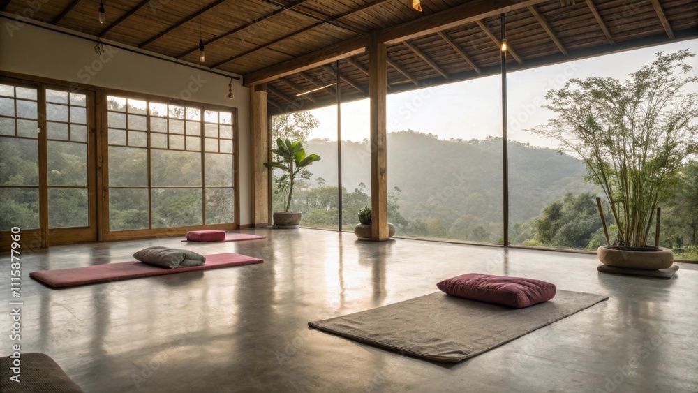 Poster a serene yoga or meditation space with a polished concrete floor that encourages serenity and focus 