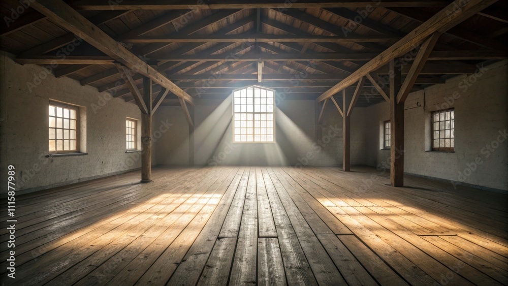 Poster A serene space featuring a rustic wooden floor beneath a vast room with nothing but light pouring in from a single center window.