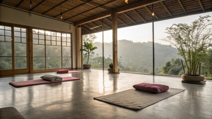 Fototapeta premium A serene yoga or meditation space with a polished concrete floor that encourages serenity and focus surrounded by soft fabric mats and natural light.