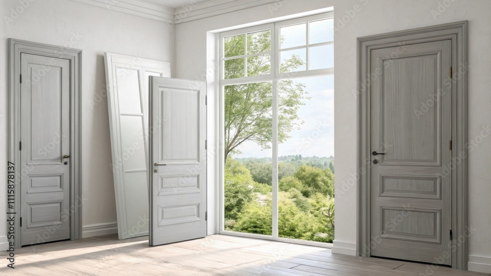 Poster A serene environment showcasing prehung doors in soft gray tones stacked next to a large open window that invites fresh air and natural light inside.