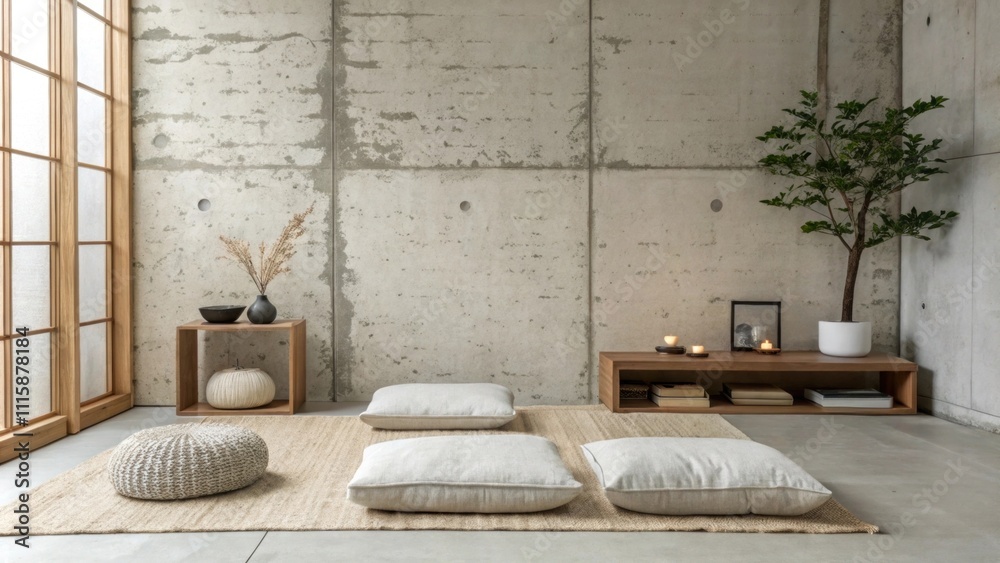 Poster a serene meditation corner with a soft rug p against an exposed concrete wall. minimalist cushions a