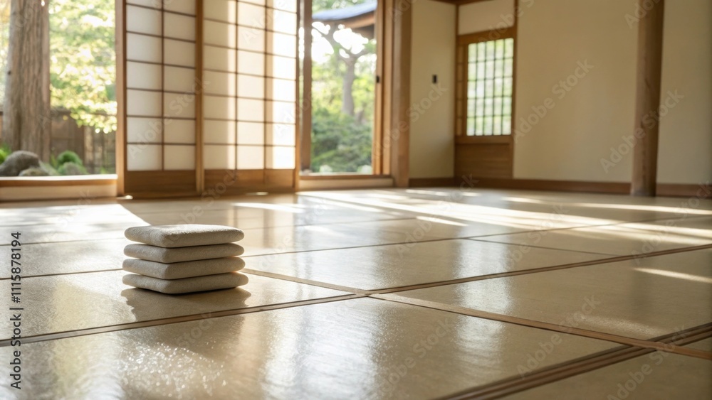 Aufkleber A serene image of a clean floor space with minimalistic decor featuring a single stack of neatly arranged tile spacers the sunlight casting gentle reflections.