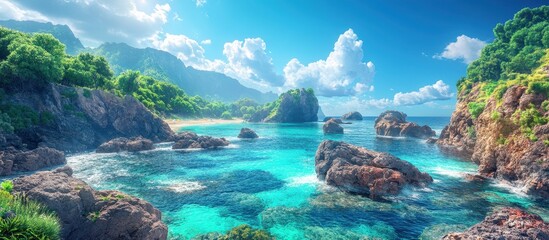 Obraz premium Stunning Tropical Seascape with Rocky Coastline and Lush Greenery under a Bright Blue Sky