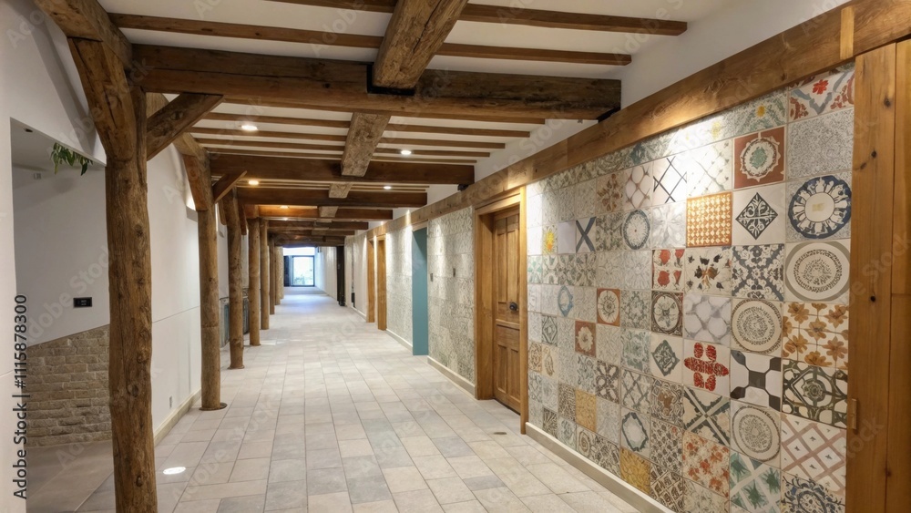 Poster a section of the hallway showcases different textureposed wooden beams above roughened walls and ter