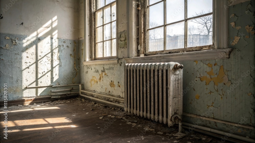 Poster A segment of a radiator with exposed fittings rests next to a partially painted wall with light filtering in through a window casting shadows on the disheveled scene.