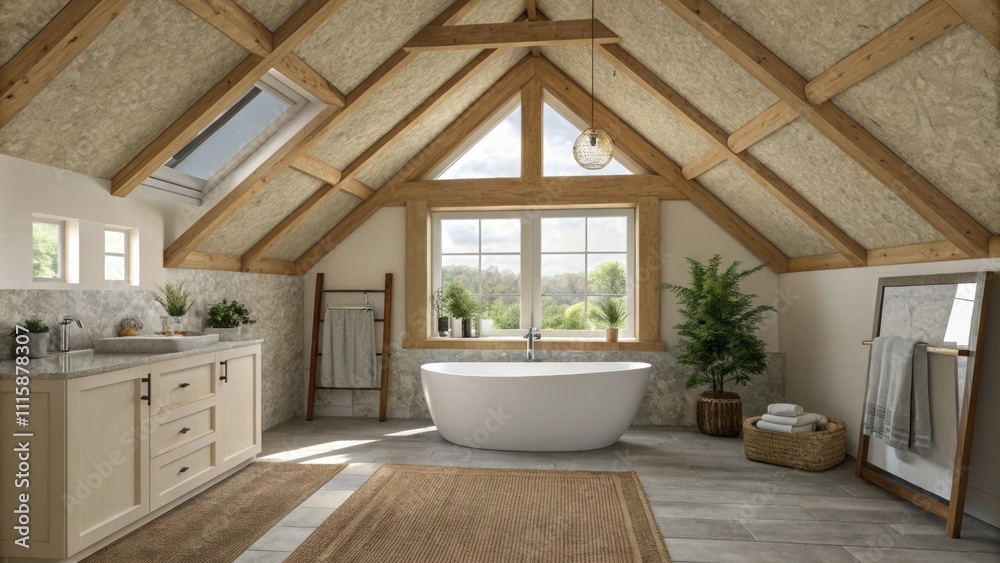 Poster A serene bathroom boasts a unique ceiling design with exposed beams adding character and fresh insulation contributing to a soothing atmosphere.