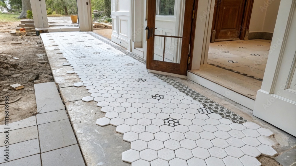 Aufkleber A section of the entryway where white hexagonal tiles are laid out sporadically revealing an artistic yet chaotic ordering of tiles alongside unfinished sections of the floor.