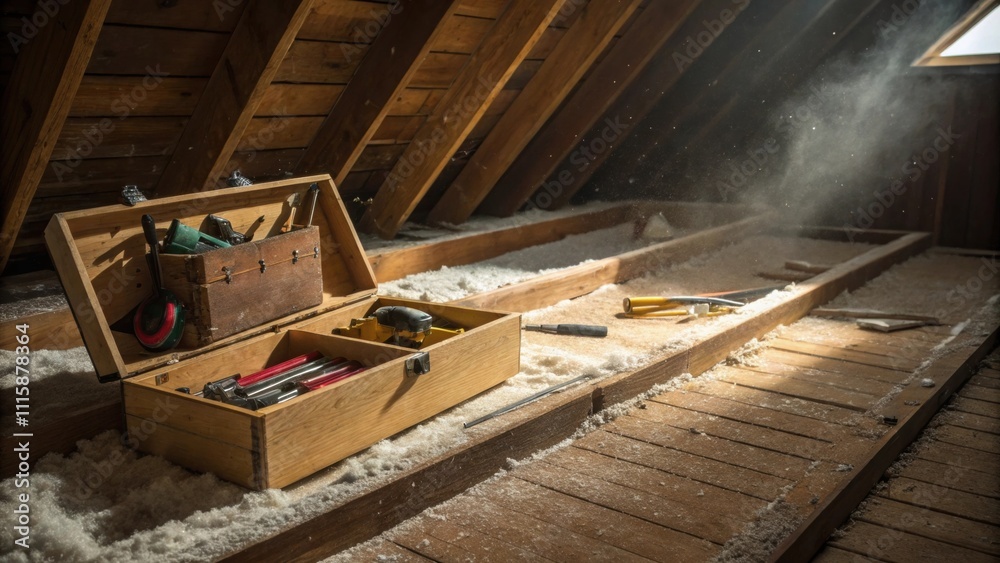 Aufkleber A section of attic floorboards partially lifted revealing thin layers of insulation beneath while nearby a toolbox lies open with various tools tered indicating ongoing work.